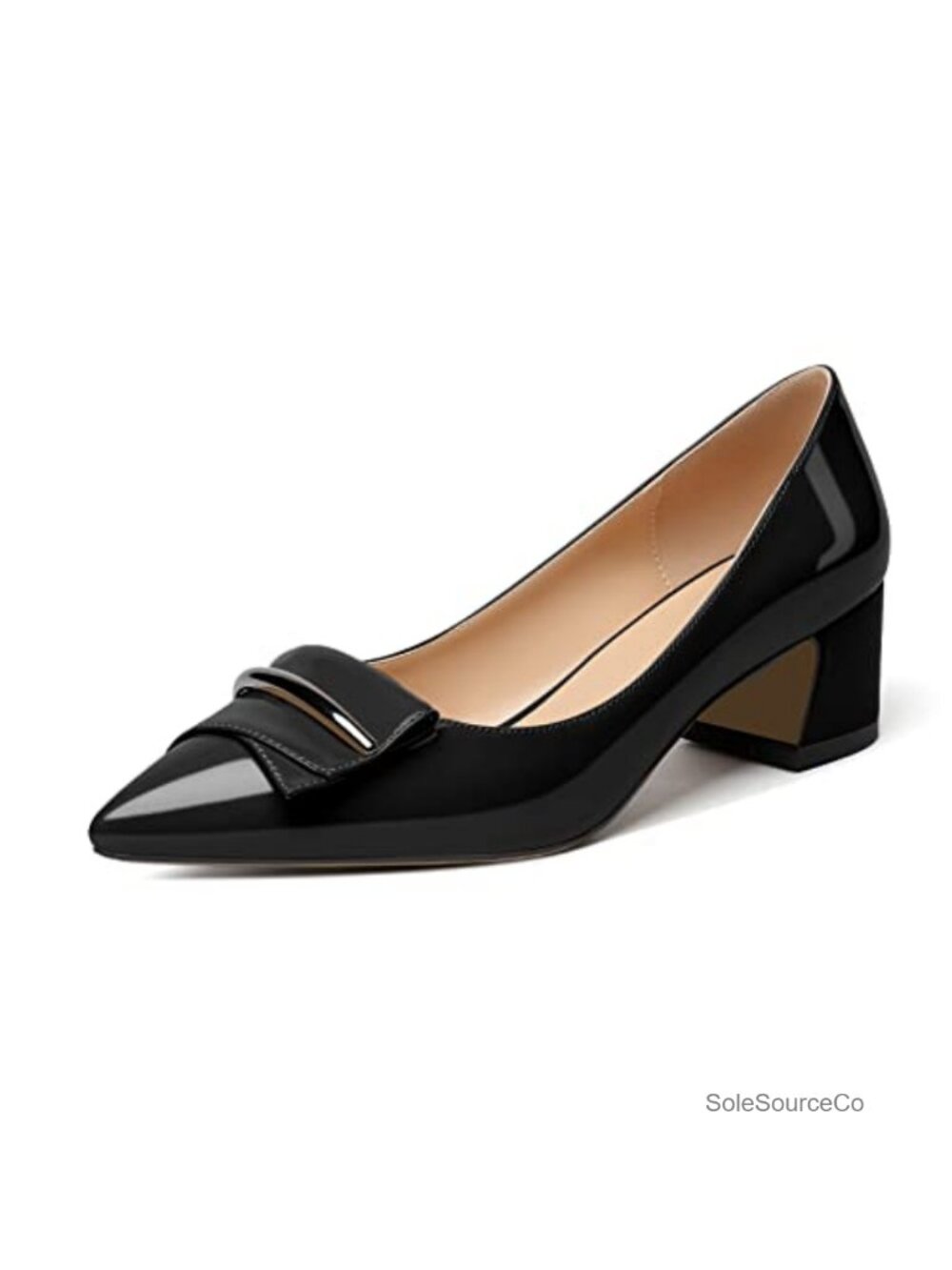 Womens Pointed Toe Low Block Heel Pumps Slip On Faux Leather Chunky Office